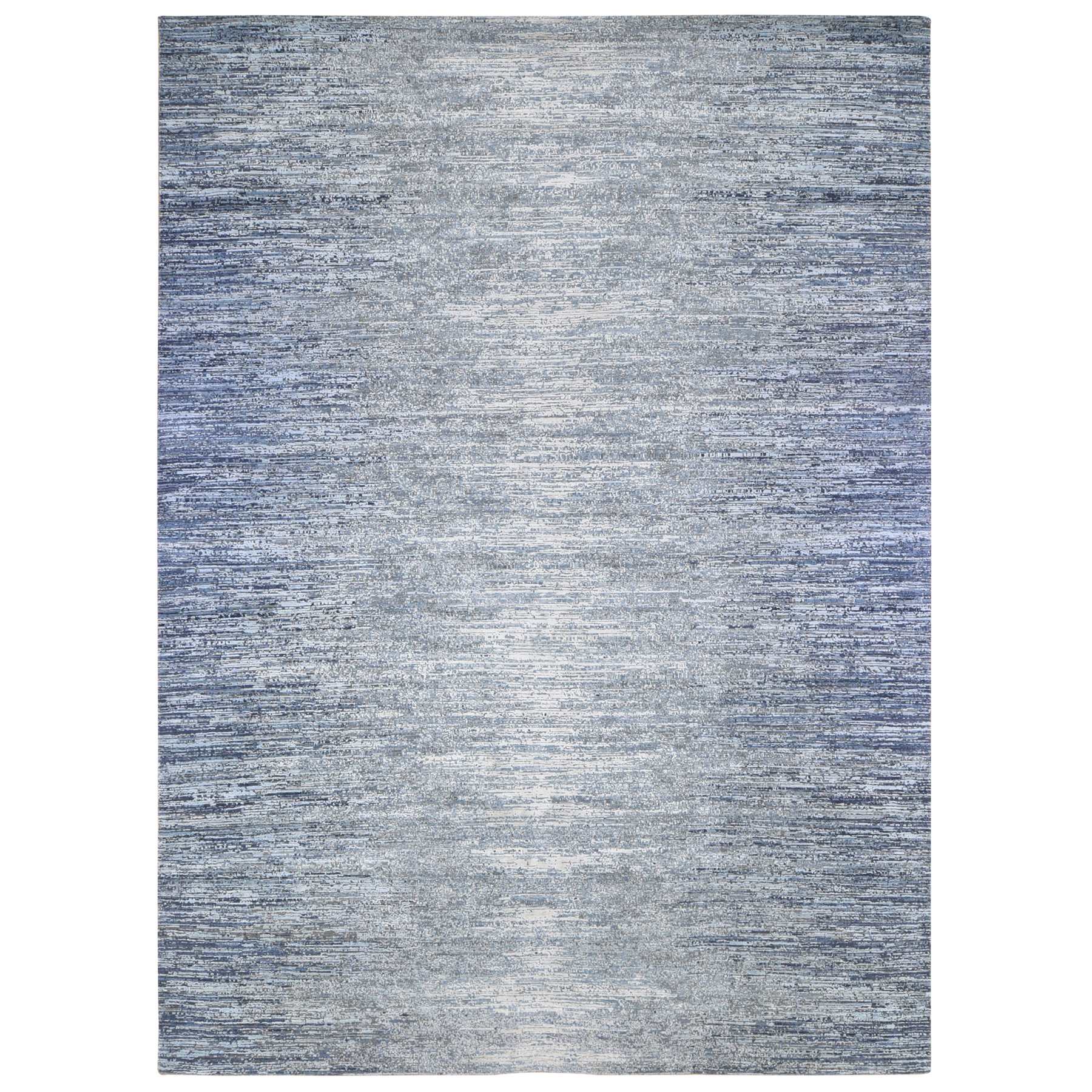 10'x14' Blue Oceanic Horizontal Ombre Design Hand Knotted Wool and Pure Silk Oriental Rug 